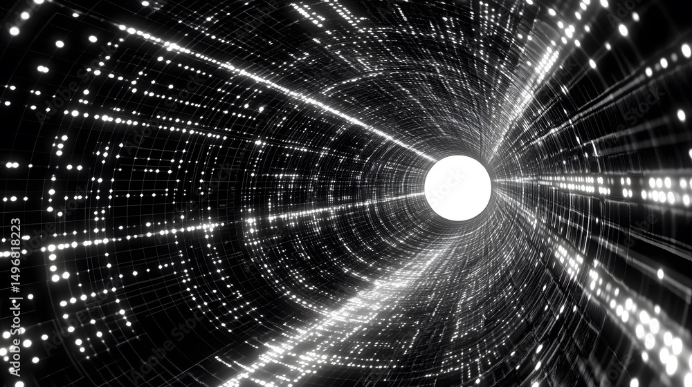 Poster digital vortex: a futuristic tunnel of light and data, symbolizing the flow of information and techn
