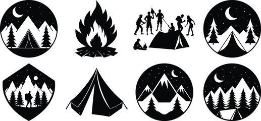 Campaign and outing set of black silhouettes on a White Background 