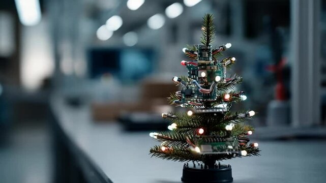 A small electronic Christmas tree with LED lights symbolizes technology, innovation, and festive celebrations in a modern setting