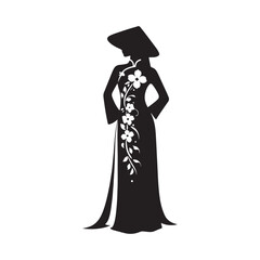 Elegant Ao Dai Dress Vector Silhouette of Vietnamese Traditional Attire Showcasing Graceful Cultural Fashion, Flowing Gown, and Timeless Feminine Beauty.