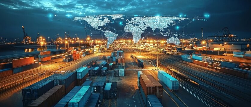 A cutting-edge holographic interface displaying a futuristic global supply chain map.