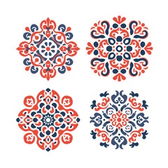 Ornamental Folk Mandala Set – Red and Blue Decorative Floral Elements