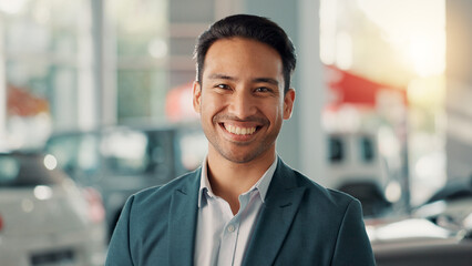 Businessman, portrait and smile with confidence for car dealership, customer service and transport...