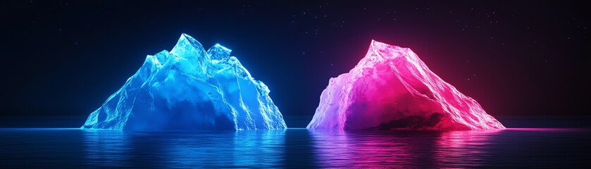 Two colorful icebergs in a serene body of water, illuminated by ambient light.