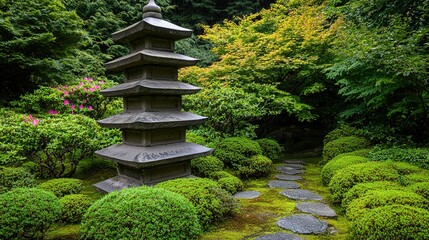Naklejka premium A peaceful Japanese garden featuring a stone pagoda, lush greenery, and a winding stone path surrounded by vibrant plants.