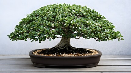 Serene Bonsai Tree in Brown Pot, Lush Green Foliage, Zen Garden Plant