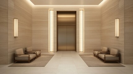 A modern, elegant lobby with neutral tones, minimalist furniture, and a central elevator framed by warm lighting.