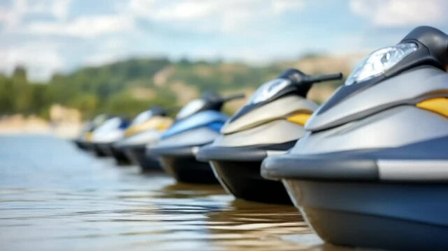 A row of jet skis lined up on a serene lake, perfect for summer adventures and water sports enthusiasts