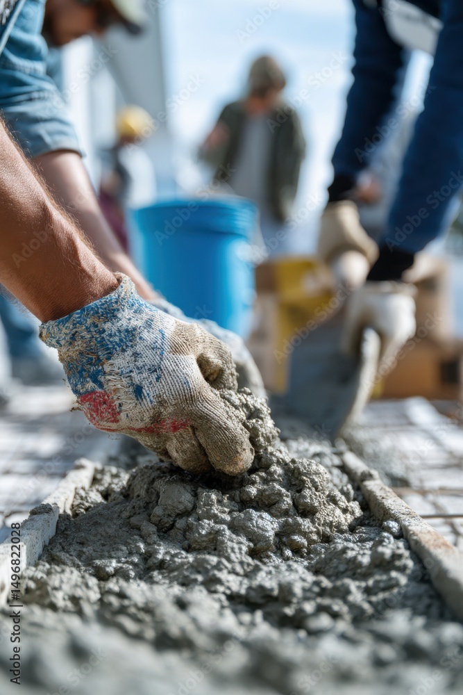 Aufkleber Construction Workers Pouring Concrete on a Sunny Day, Representing Teamwork and Infrastructure Development for Engineering and Building Projects : Generative AI