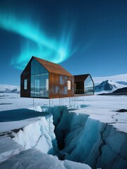 Modern Cabin Overlooking a Frozen Landscape with Aurora Borealis