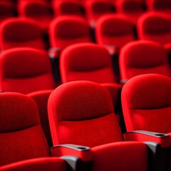 Fototapeta premium Rows of Red Cinema Seats Movie Theater Empty Auditorium