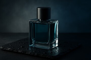 Cologne bottle on wet black slate