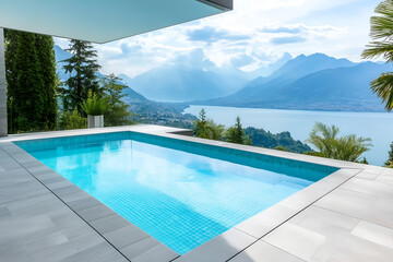 Plakat Beautiful modern outdoor spa. Swimming pool with bright blue water. In the background, a beautiful view of the mountains and lake or the sea. Tropical plants.