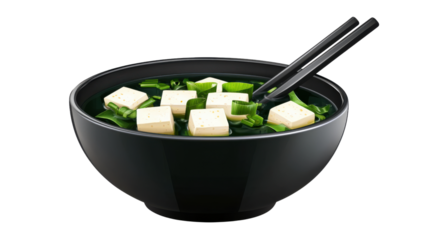 A black bowl filled with a colorful Japanese style dish composed of tofu cubes green leafy vegetables and garnished with chopsticks