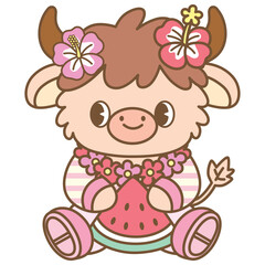 cute kawaii Summer Highland Cow outline cartoon doodle illustration