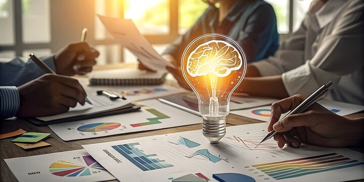 Creative Team Brainstorming with Light Bulb and Charts on a Table