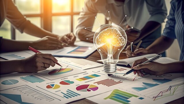 Creative Team Brainstorming with Light Bulb and Charts on a Table