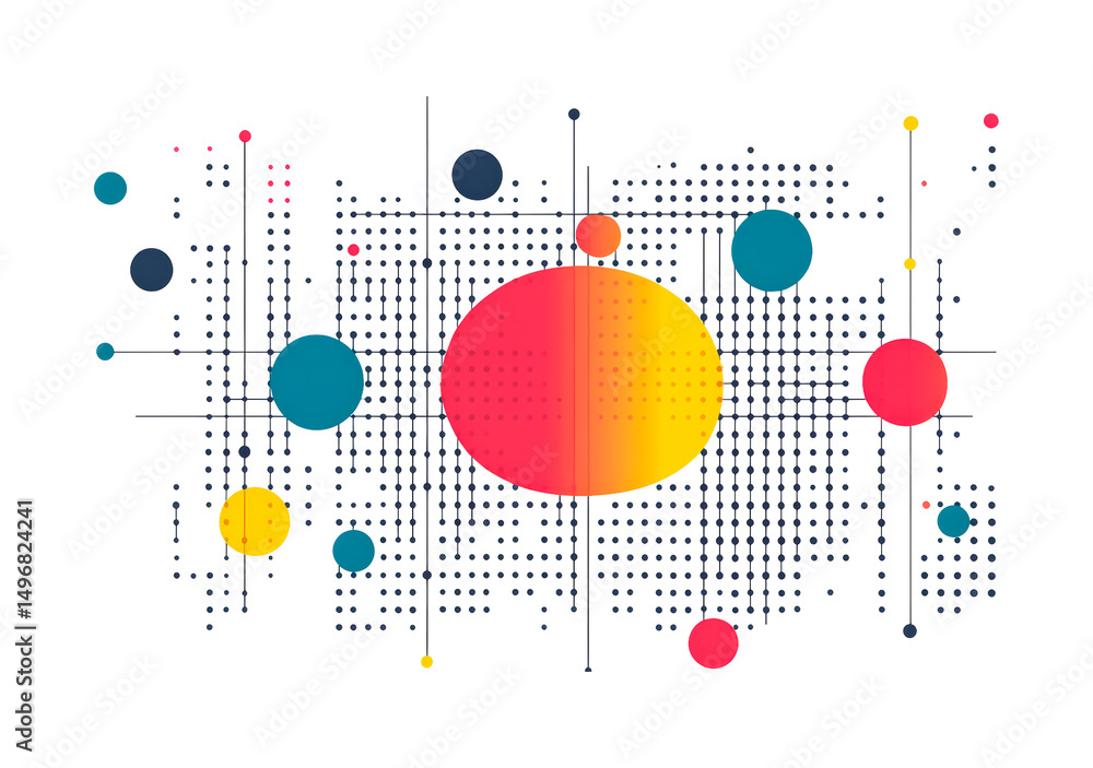 Poster colorful abstract design featuring scattered circles on a grid pattern created with bright colors an