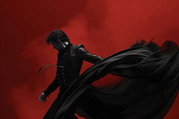 Dramatic matador performance with flowing black fabric against a striking red background in a theatrical setting. Generative AI