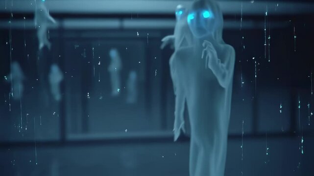 the mystical concept of digital consciousness, crafting two video sequences where glitchy, ghost-like entities interact with tangible objects, leaving behind a surreal trail of digital residue