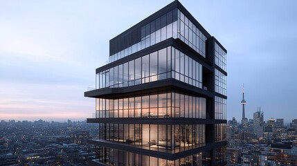 Fototapeta premium Modern glass building at dusk overlooking a city skyline with a famous tower in the background.
