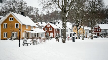 Colorful houses covered in snow, a winter scene in a quiet neighborhood.  Cozy homes, snow-dusted trees, and a peaceful atmosphere