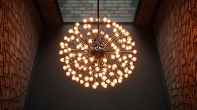 A modern spherical chandelier with multiple glowing bulbs hangs in a brick-walled hallway under a skylight.