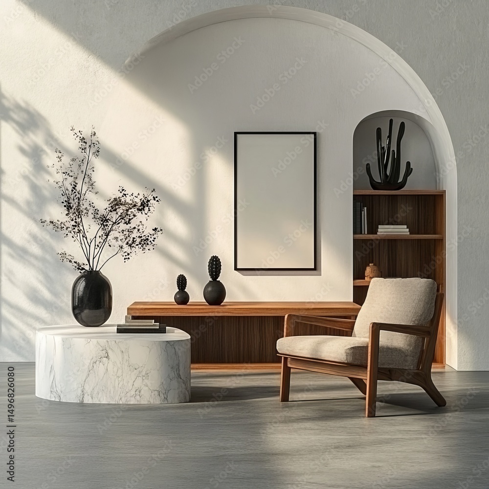 Poster in a 3d rendering, a front view showcases a canvas mockup placed within a minimalist interior that i