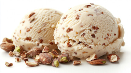 Delicious ice cream scoops paired with crunchy nuts on a clean, white surface