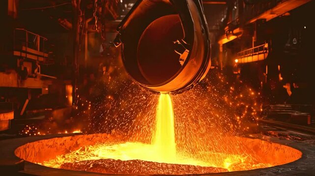 Watching molten metal in a foundry with intense heat and a bright orange glow is an industrial scene depicting heavy manufacturing, metallurgy, and the power of modern steel production