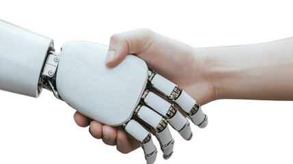 A futuristic image depicting a robotic hand and a human hand shaking in a gesture of the potential for technology and human ingenuity to work together towards innovative solutions and a shared future