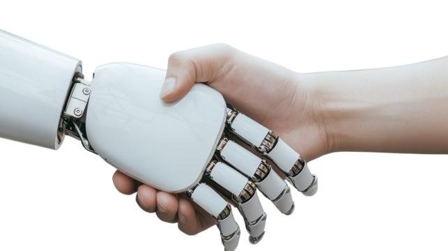 A futuristic image depicting a robotic hand and a human hand shaking in a gesture of the potential for technology and human ingenuity to work together towards innovative solutions and a shared future