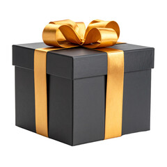 Elegant black gift box with golden ribbon.