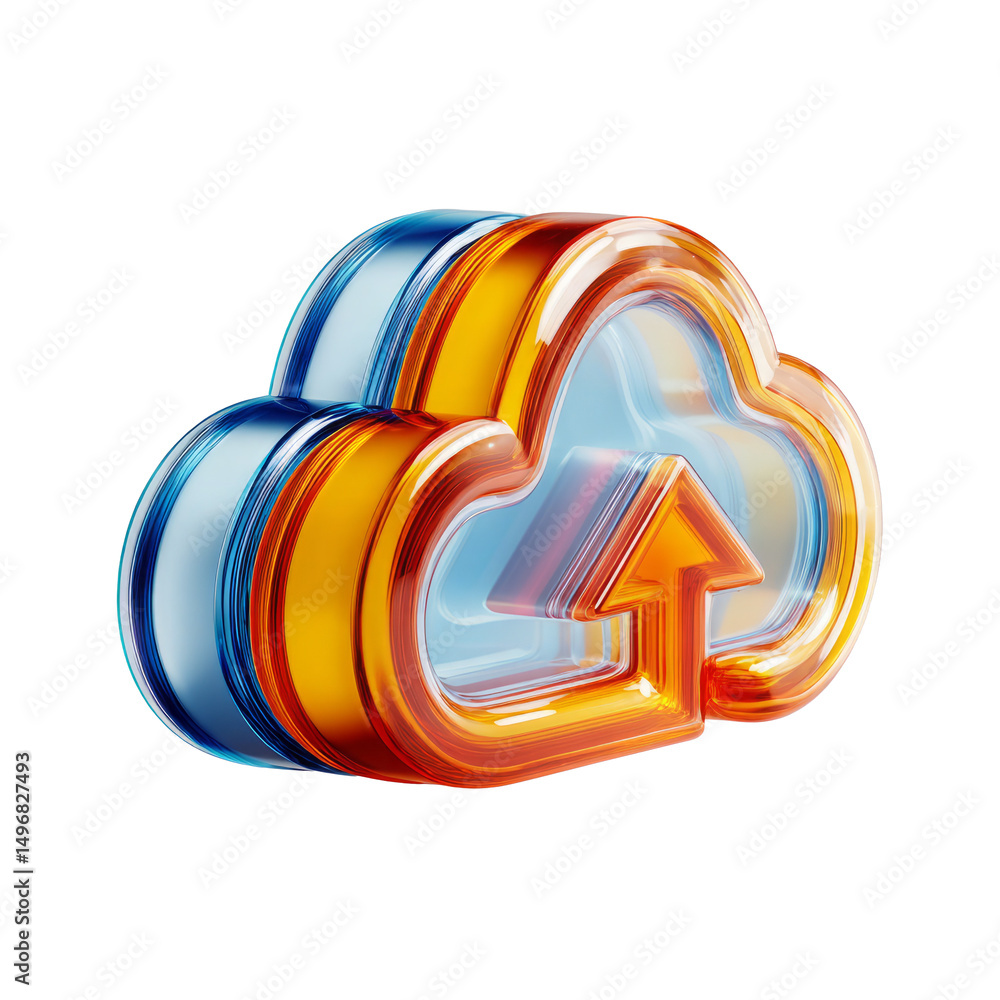 Poster 3d rendered cloud storage icon with upload arrow on a black background
