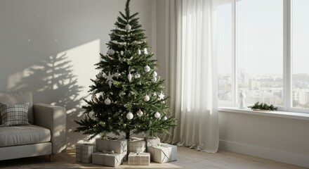 Festive Christmas Tree with Presents in a Sunny Room - Christmas morning, cozy home, gifts under the tree, winter sunlight, festive cheer. Symbolizing joy, peace, family, celebration, and hope