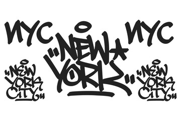 New York NYC graffiti tag in bold black lettering on white background. Clean urban style, iconic for city culture, hip hop roots, and creative street art projects.