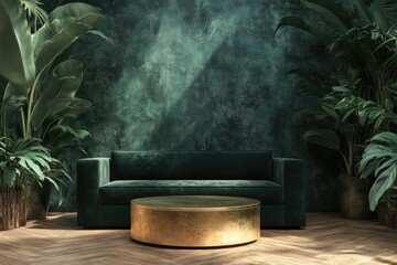 Dark green room with lush plants, velvet sofa, and gold table