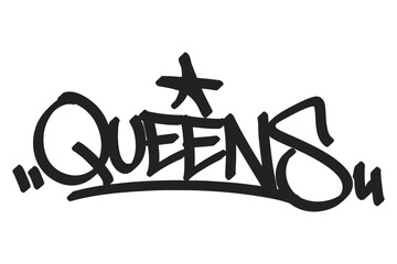 Queens graffiti tag in bold black lettering on white background. Clean urban style, perfect for NYC borough culture, hip hop roots, and creative street art projects.