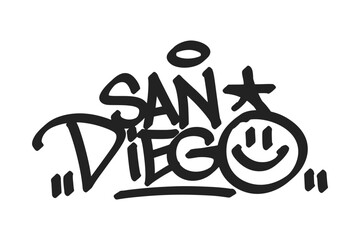 San Diego graffiti tag in bold black lettering on white background. Clean urban style, perfect for coastal vibes, city culture, and creative street art projects.