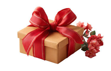 [Transparent Background PNG]Gift Box with Red Ribbon and Flowers