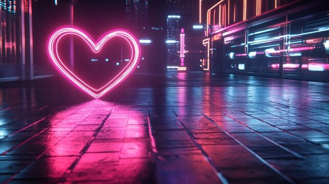 Neon heart shines brightly amidst a futuristic, city street backdrop