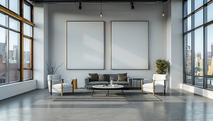Bright and spacious living room with large windows and two blank picture frames hung up