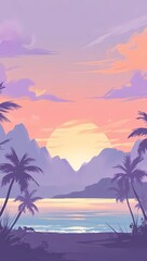 Fototapeta premium Mobile wallpaper, pastel sunset over tropical beach with palm trees and mountain silhouettes