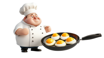 A smiling chef in a white uniform and hat standing at a stovetop cooking fried eggs in a pan