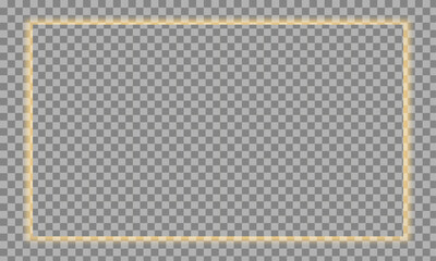 Gold shiny glowing vintage frame with shadows isolated on transparent background. Golden luxury realistic rectangle border