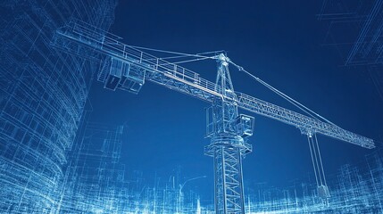 Construction Crane in Digital Blueprints and Mesh Designs