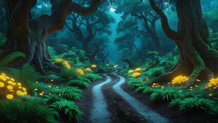 A beautiful fairytale enchanted forest with big trees and great vegetation. Digital painting background