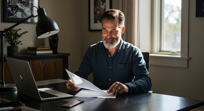 Smiling Man Reviewing Documents at Home Office Desk, Natural Sunlight Streaming Through Window - Powered by Adobe
