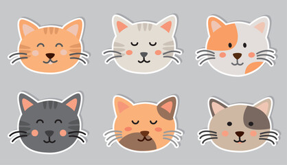 Set of stickers with funny cat faces. Collection with cute kitten heads isolated on gray background