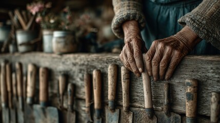 Close-up of elderly artisan’s wrinkled hands selecting chisels from rustic wooden workbench in traditional craft workshop — symbol of experience, heritage and manual woodworking dedication
